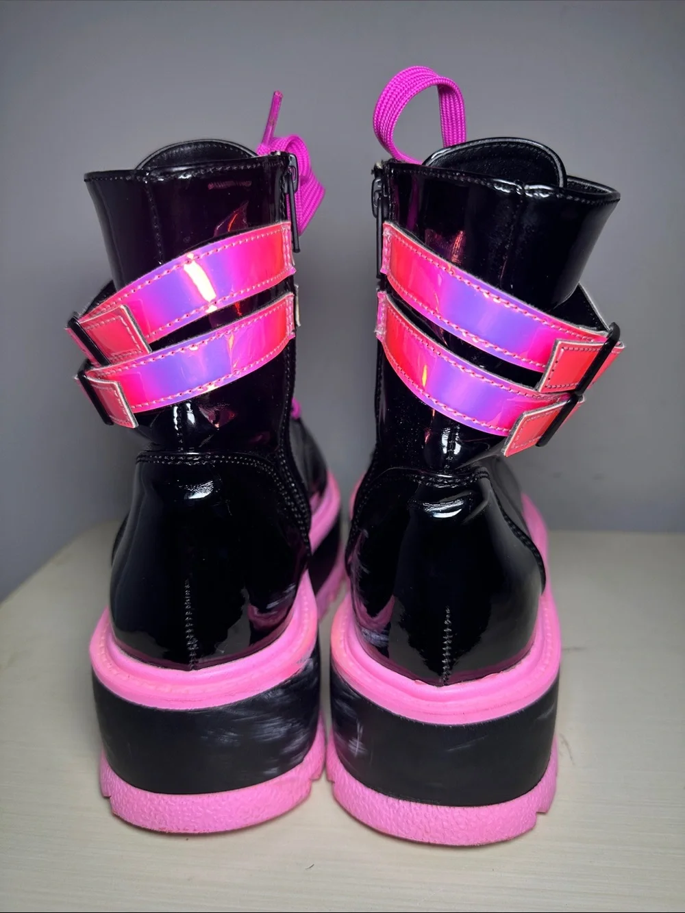 Demonia Slacker-52 Black Patent Platform Boot with Hot Pink Accents